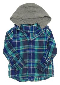 Tmavomodro-tyrkysovo-šedá kostkovaná košile s teplákovou kapucí George