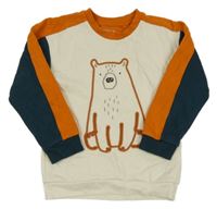 Smetanovo-oranžovo-petrolejová mikina s medvídkem Nutmeg