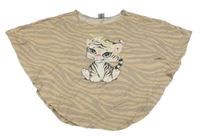 Béžovo-hnědé pruhované tričkové pončo s tygrem Dopodopo