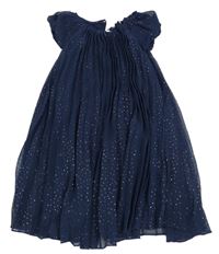 Tmavomodro-zlaté třpytivé plisované šifonové šaty s 3D mašlí C&A