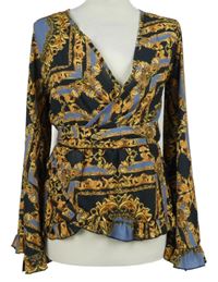 Dámská tmavomodro-okrová vzorovaná peplum halenka PrettyLittle Thing