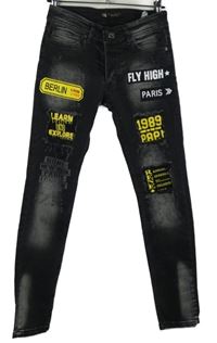 Pánské černé skinny rifle s nápisy vel. 29