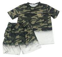 2set- army-bílé sportovní tričko s nápisem+ kraťasy zn. Pep&Co