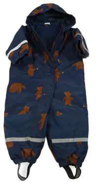 Tmavomodrá šusťáková zimní kombinéza s medvědy a kapucí Lindex