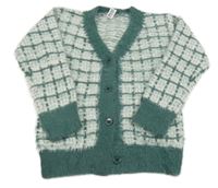 Zeleno-bílý kostkovaný chlupatý propínací svetr 