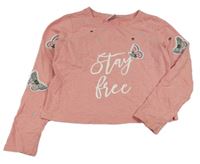 Světlerůžová crop mikina s nápisem a motýlky Yigga