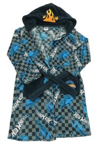 Šedo-černý kostkovaný chlupatý župan Hot Wheels a kapucí 