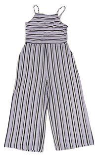Lila-černo-bílý pruhovaný žebrovaný culottes kalhotový overal George 