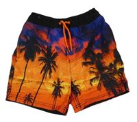 Modro-oranžovo-černé plážové kraťasy s palmami 