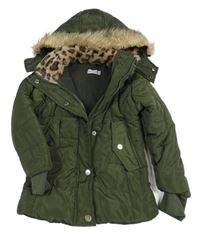 Khaki šusťáková zimní bunda s kožešinou na kapucí 