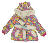 Nové - modro-žluto-růžová vzorovaná šusťáková zimní bunda s páskem a kapucí 