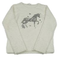 Bílý chlupatý svetr s jednorožcem z flitrů Yigga