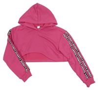 Fuchsiová crop mikina s nápisy na rukávech a kapucí Shein