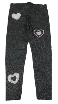 Šedo-stříbrné pruhované legíny se srdíčky z flitrů Kiki&Koko