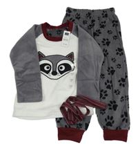 Nové - Šedo-bílé fleecové pyžamo s mývalem Dunnes