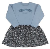 Světlemodro-tmavomodré teplákovo/lehké šaty s kytičkami a nápisem Matalan
