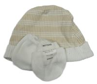 Nové - 2set - Béžovo-bílá pruhovaná čepice + bílé rukavice 