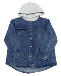 Tmavomodrá riflová košilová bunda s teplákovou kapucí 