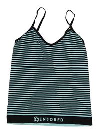 Černo-světlemodrý pruhovaný crop top s nápisem 