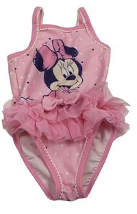 Světlerůžové jednodílné plavky s Minnie a srdíčky a tylovými volánky Disney