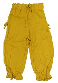 Okrové cargo paper bag lněné crop kalhoty s mašlemi a volánky 