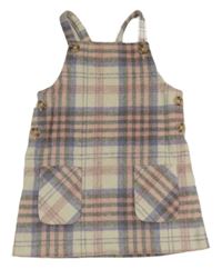 Smetanovo-fialovo-světlerůžovo-tmavošedé kostkované vzorované vlněné šaty zn. PRIMARK