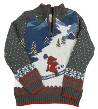 Tmavošedo/tmavomodro-bílý svetr s lyžařem a lesem a norským vzorem E of M