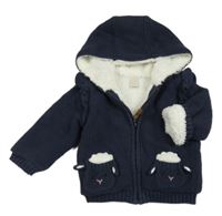 Tmavomodrý propínací zateplený svetr s ovečkami/kapsami a volánky a kapucí John Lewis