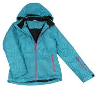 Azurovo-petrolejová kostkovaná šusťáková funkční zimní lyžařská bunda s kapucí crane