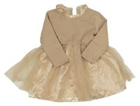 Béžovo-pudrové úpletovo/saténové šaty se vzorem a tylem SHEIN