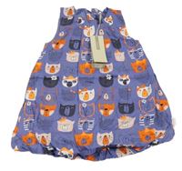 Nové - fialovomodré plátěné balonové podšité šaty s kočičkami name it.