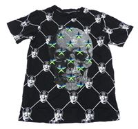 Černo-bílé kárované tričko s lebkami a kamínky DIAMOND CLUB