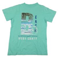 Světletyrkysové tričko s písmenkem a palmami a surfařem a nápisy 