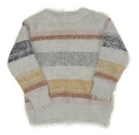 Světlešedo/růžovo-černo-okrový pruhovaný chlupatý svetr PRIMARK