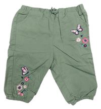 Khaki plátěné podšité kalhoty s motýlky a květy H&M