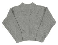Šedý melírovaný žebrovaný oversize crop svetr s perforovaným vzorem H&M