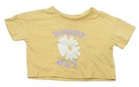 Hořčicové crop tričko s nápisy a kytičkou Primark