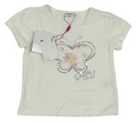 Krémové tričko s motýlkem s kytičkami a flitry 