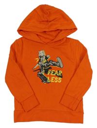 Oranžová mikina s dinosaurem na skatu a kapucí zn. Jeff&Co