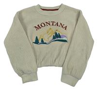 Béžová žebrovaná sametová crop mikina s horami a stromky Primark