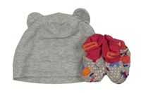 2set - Šedá melírovaná bavlněná čepice + šedé puntíkaté capáčky s květy