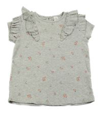 Šedé melírované květované žebrované tričko s volánky LC Waikiki