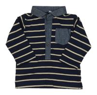 Tmavomodro-béžové pruhované polo triko s kapsou