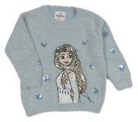 Světlemodrý chlupatý svetr s Elsou a vločkami z flitrů Disney