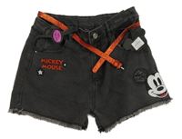 Nové - šedé riflové kraťasy s Mickeym a červeným páskem Primark