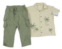 Nové - 2 set - smetanová košile s palmami + khaki lněné kalhoty George
