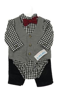 Nové - 4 set - černé manšestráky + šedá vesta + bílo-černé kostičkované body s límečkem + vínový motýlek Carter's