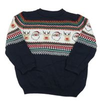 Tmavomodro-bílo-zeleno-červený vzorovaný svetr se Santou a Soby zn. Primark