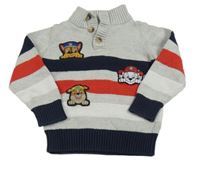 Šedo-tmavomodro-červeno-bílý pruhovaný svetr - Tlapková Patrola 