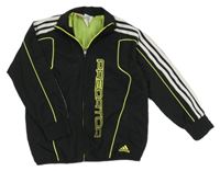 Černo-bílo-neonově žlutá šusťáková jarní bunda s nápisem a pruhy Adidas